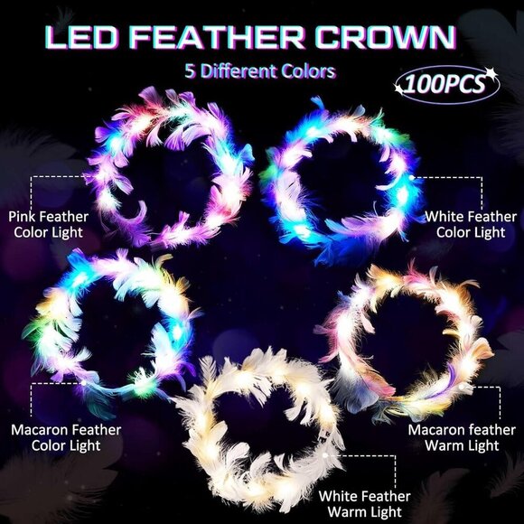 LED Feather Crown Headbands 100 Pieces Colorful Light Up Headbands for Women